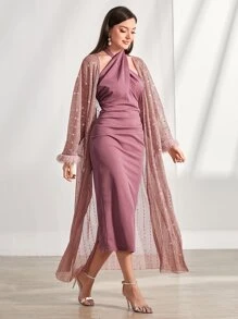 Modelyn Contrast Sequin Fuzzy Cuff Coat & Bodycon Dress 2 Piece Set