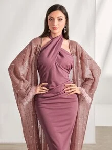 Modelyn Contrast Sequin Fuzzy Cuff Coat & Bodycon Dress 2 Piece Set