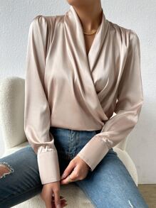 SHEIN Privé Draped Front Satin Shirt - Apricot - View 1