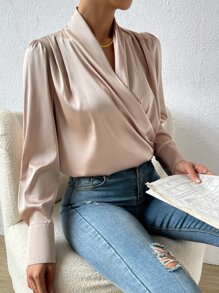 SHEIN Privé Draped Front Satin Shirt - Apricot - View 3