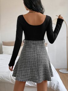 SHEIN Privé Đầm Thắt lưng Gân đan Sọc ca rô Thanh lịch - Đen và trắng - Xem 2