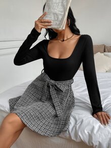 SHEIN Privé Đầm Thắt lưng Gân đan Sọc ca rô Thanh lịch - Đen và trắng - Xem 4