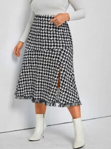 Celure Plus Houndstooth Print Raw Cut Split Hem Tweed Skirt - Black and White - View 4
