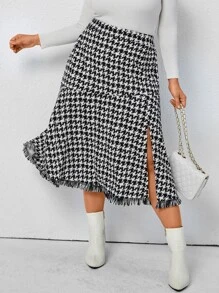 Celure Plus Houndstooth Print Raw Cut Split Hem Tweed Skirt - Black and White - View 5