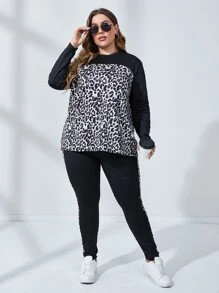 Mulvari 大碼豹紋拼接上衣和拼接側縫緊身打底褲 - 黑與白 - 查看 4