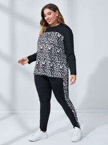 Mulvari 大碼豹紋拼接上衣和拼接側縫緊身打底褲 - 黑與白 - 查看 1