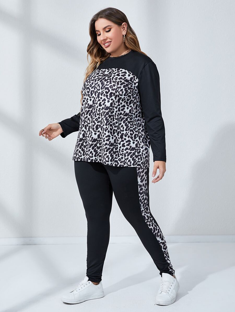 Mulvari 大碼豹紋拼接上衣和拼接側縫緊身打底褲 - 黑與白 - 查看 1