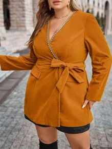 SHEIN Unity Abrigo con diseño de diamante de imitación cruzado con cinturón - Naranja Quemada - Ver 3