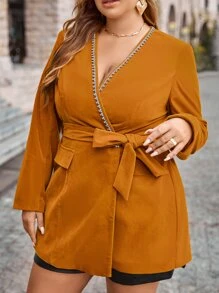 SHEIN Unity Abrigo con diseño de diamante de imitación cruzado con cinturón - Naranja Quemada - Ver 6