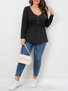 SHEIN LUNE Plus Fake Button Ruched Tee - Black - View 3