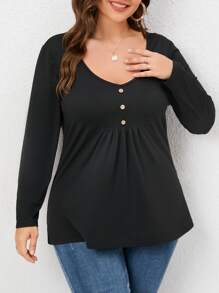 SHEIN LUNE Plus Fake Button Ruched Tee - Black - View 4