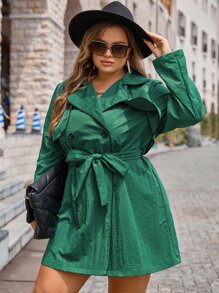 SHEIN Unity Plus Double Breasted Belted Trench Coat - Green - View 1