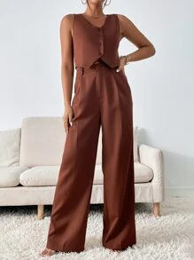 素色短款馬甲和闊腿西裝褲 - 棕色 - 查看 3