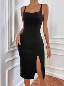 SHEIN Essnce Vestido de tirantes de muslo con abertura - Negro - Ver 1