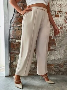 SHEIN Clasi Plus High Waist Seam Detail Trousers - Beige - View 3