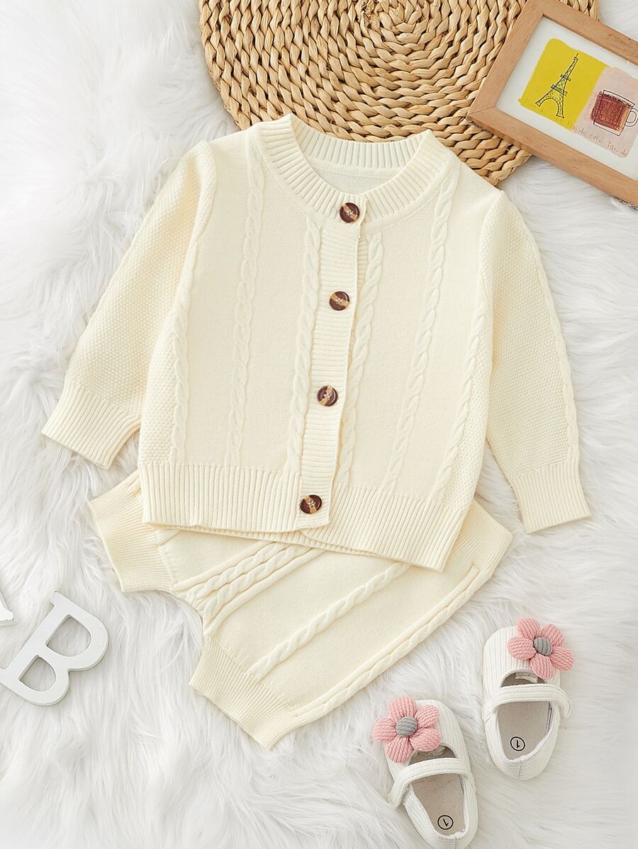 Baby Button Front Cardigan & Cable Knit Shorts - Beige - View 1