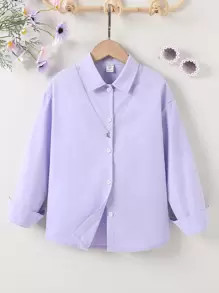 SHEIN Girls Solid Drop Shoulder Shirt Without Necklace - Purple - View 1