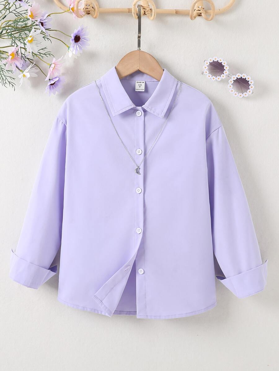 SHEIN Girls Solid Drop Shoulder Shirt Without Necklace - Purple - View 1