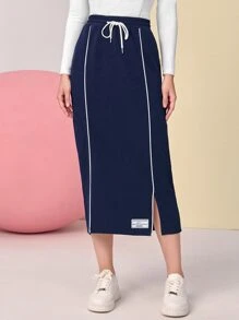 Mulvari Patch Detail Contrast Piping Split Hem Skirt - Navy Blue - View 4