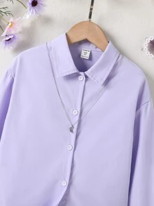 SHEIN Girls Solid Drop Shoulder Shirt Without Necklace - Purple - View 4