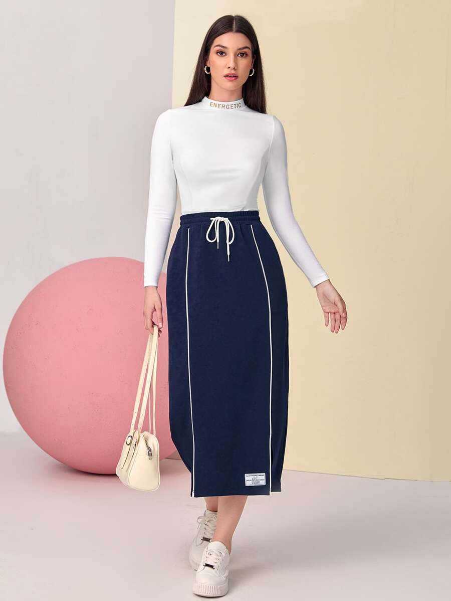 Mulvari Patch Detail Contrast Piping Split Hem Skirt - Navy Blue - View 1