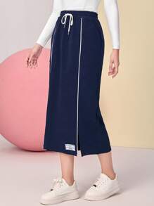 Mulvari Patch Detail Contrast Piping Split Hem Skirt - Navy Blue - View 5