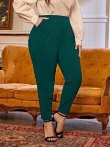 SHEIN Essnce 加大折叠褶裥斜口袋裤 - 墨綠色 - 查看 2