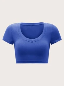 SHEIN EZwear Scoop Neck Solid Crop Tee - Blue - View 1