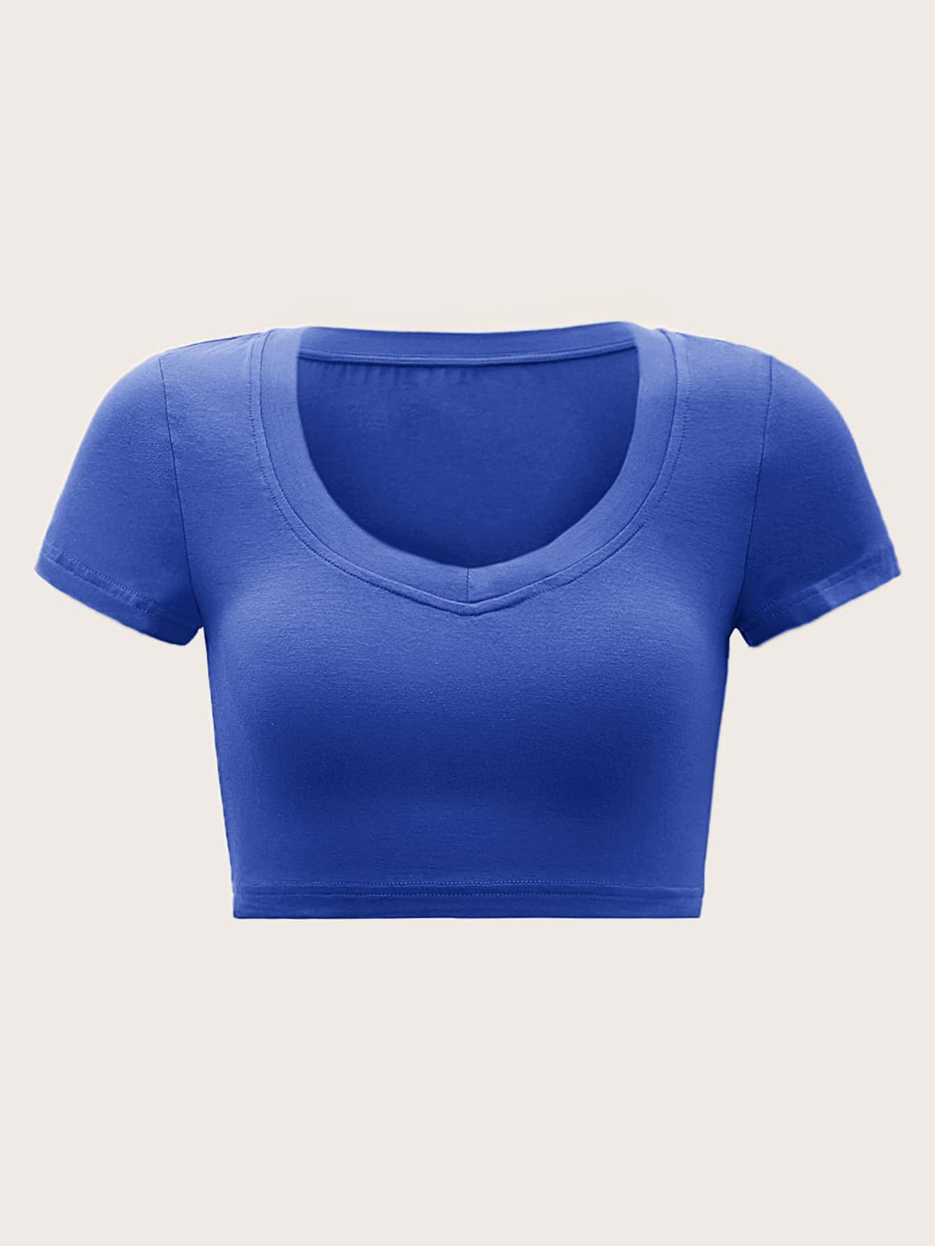 SHEIN EZwear Scoop Neck Solid Crop Tee - Blue - View 1