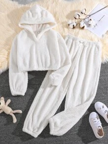 SHEIN Girls Solid 3D Ear Design Teddy Hoodie & Trousers - White - View 1