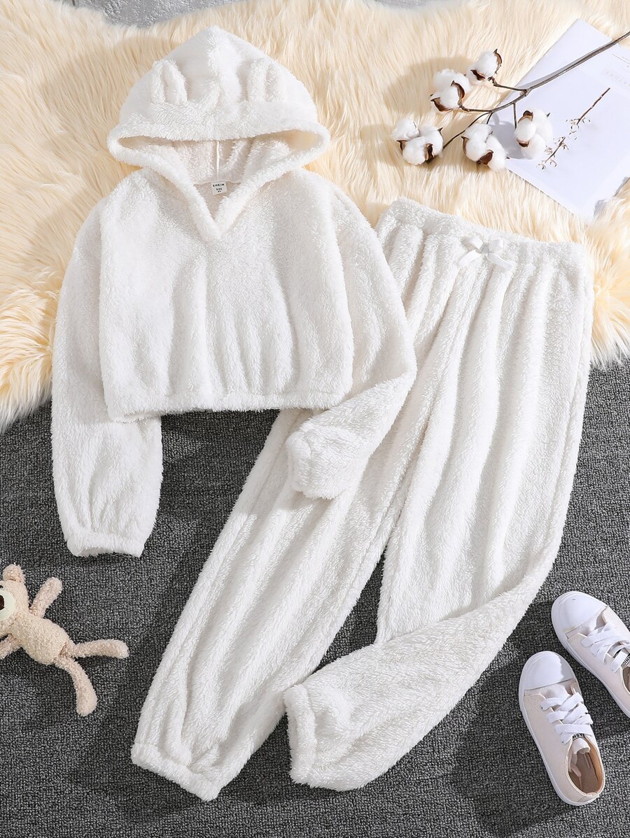 SHEIN Girls Solid 3D Ear Design Teddy Hoodie & Trousers - White - View 1