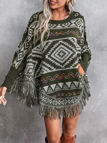 SHEIN LUNE Geo Pattern Fringe Trim Batwing Sleeve Knit Poncho Knit Pullover Fall Winter Outfit - Multicolor - View 3