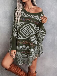 SHEIN LUNE Geo Pattern Fringe Trim Batwing Sleeve Knit Poncho Knit Pullover Fall Winter Outfit - Multicolor - View 1