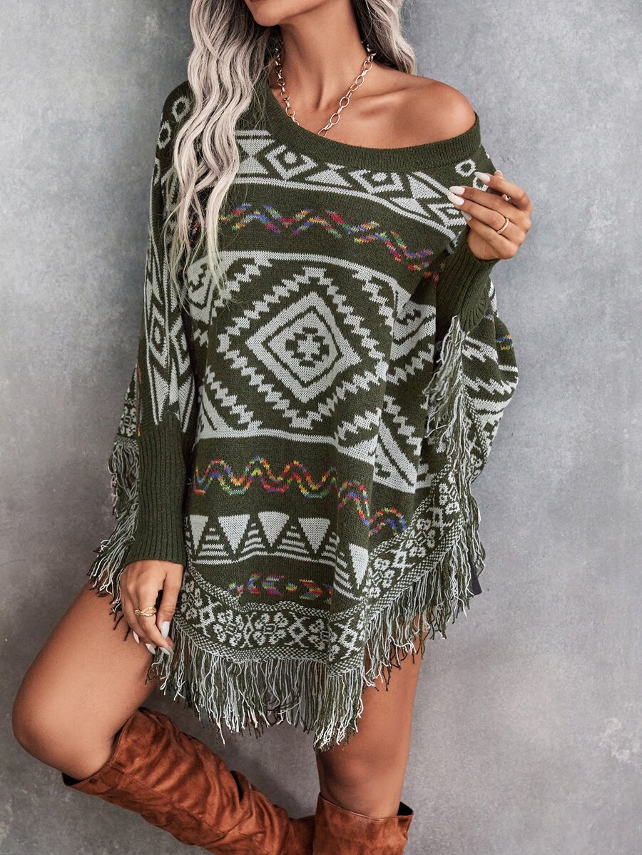 SHEIN LUNE Geo Pattern Fringe Trim Batwing Sleeve Knit Poncho Knit Pullover Fall Winter Outfit - Multicolor - View 1