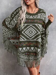 SHEIN LUNE Geo Pattern Fringe Trim Batwing Sleeve Knit Poncho Knit Pullover Fall Winter Outfit - Multicolor - View 5