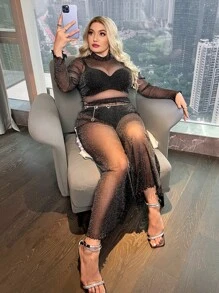 SHEIN Plus See Through Mesh Top & Trousers Without Belt - Black - View 4