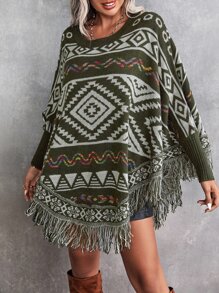 SHEIN LUNE Geo Pattern Fringe Trim Batwing Sleeve Knit Poncho Knit Pullover Fall Winter Outfit - Multicolor - View 4