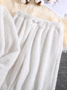 SHEIN Girls Solid 3D Ear Design Teddy Hoodie & Trousers - White - View 4