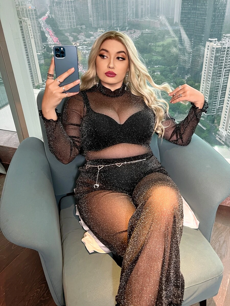 SHEIN Pantalones con top transparente de malla sin cinturón - Negro - Ver 1