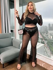 SHEIN Plus See Through Mesh Top & Trousers Without Belt - Black - View 8