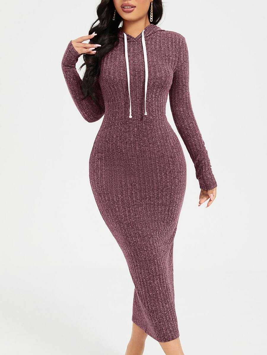SHEIN SXY Drawstring Detail Rib-knit Hooded Dress - Redwood - View 1