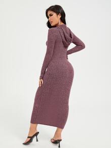 SHEIN SXY Drawstring Detail Rib-knit Hooded Dress - Redwood - View 2