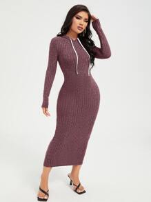 SHEIN SXY Drawstring Detail Rib-knit Hooded Dress - Redwood - View 4