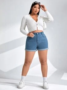 Plus Graphic Print Roll Hem Denim Shorts - Medium Wash - View 3