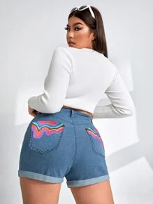 Plus Graphic Print Roll Hem Denim Shorts - Medium Wash - View 1