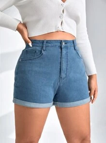 Plus Graphic Print Roll Hem Denim Shorts - Medium Wash - View 2