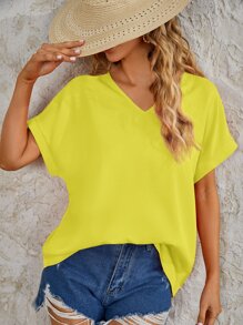 SHEIN VCAY Batwing Sleeve V Neck Blouse - Mustard Yellow - View 2