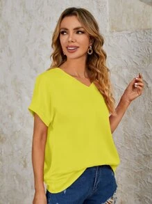 SHEIN VCAY Batwing Sleeve V Neck Blouse - Mustard Yellow - View 4