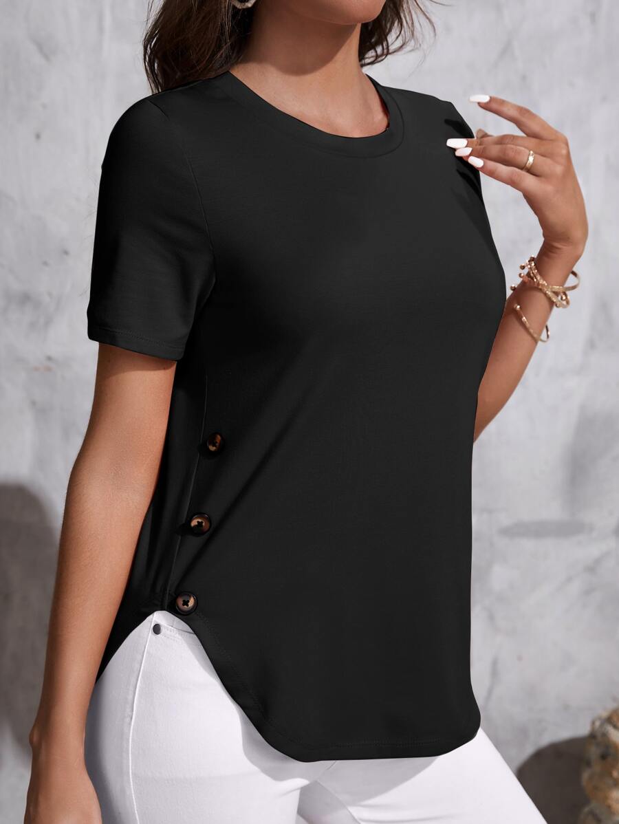 SHEIN LUNE Áo thun nữ Nút Chia màu trơn Giải trí - màu đen - Xem 1
