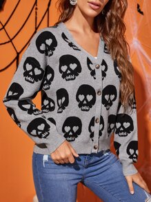 萬聖節骷髏圖案落肩袖開襟衫 - 彩色 - 查看 3